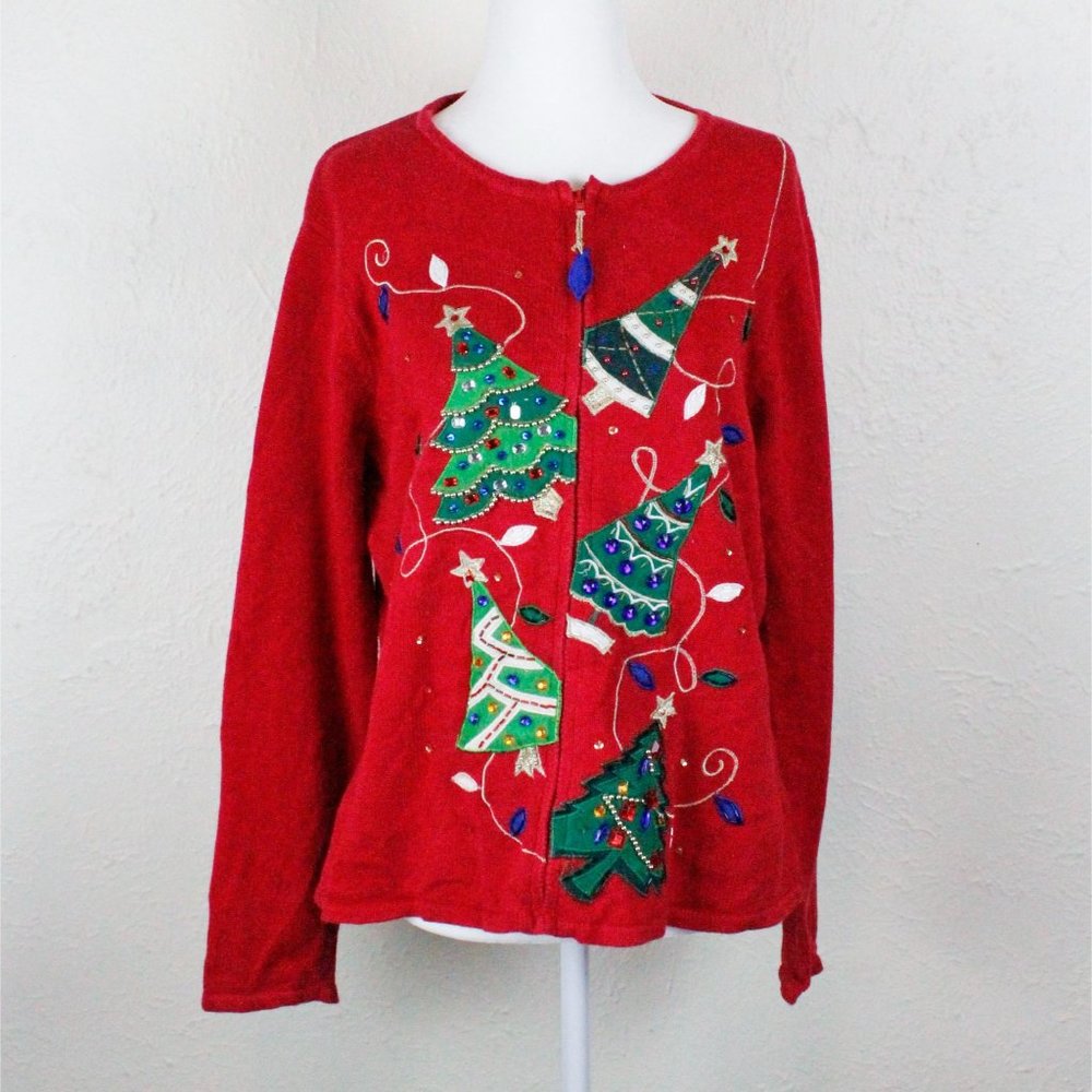 Tiara International vintage 90s red zip up Christmas holiday cardigan size L